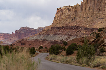 Capitol Reef National Park scenic drive, with the road going through the spectacular scenery