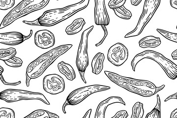 Seamless pattern of chili peppers, color, vector - obrazy, fototapety, plakaty