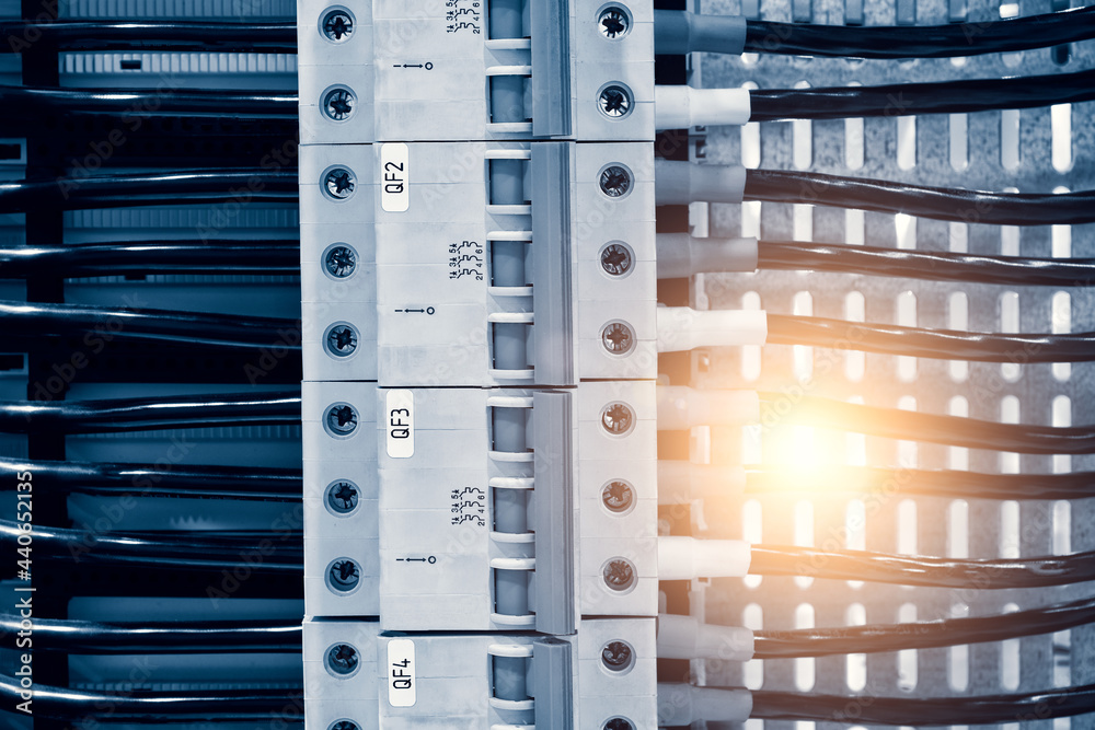 Poster color wires in a box of distribution of an electricity, plc control panel with wiring, lectric contr