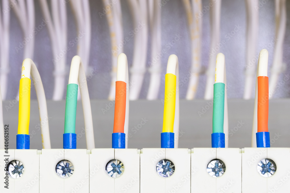 Poster color wires in a box of distribution of an electricity, plc control panel with wiring, lectric contr