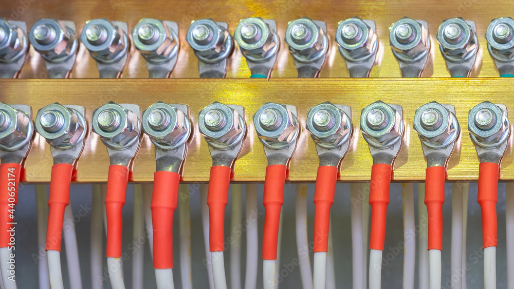 Poster color wires in a box of distribution of an electricity, plc control panel with wiring, lectric contr