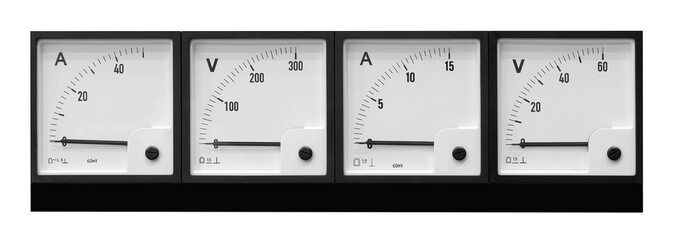 Vintage analogue ammeter and voltmeter isolated on white background