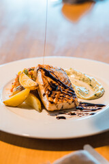 Perfect Delicious Dish Menu Steak Tuna Fish Bacon Risotto Chicken Salad Chef Made Detail Food Gourmet On a Wooden Table