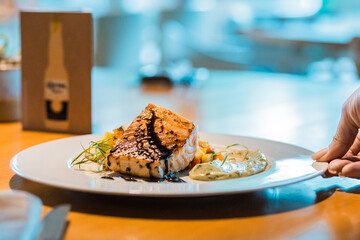 Perfect Delicious Dish Menu Steak Tuna Fish Bacon Risotto Chicken Salad Chef Made Detail Food Gourmet On a Wooden Table