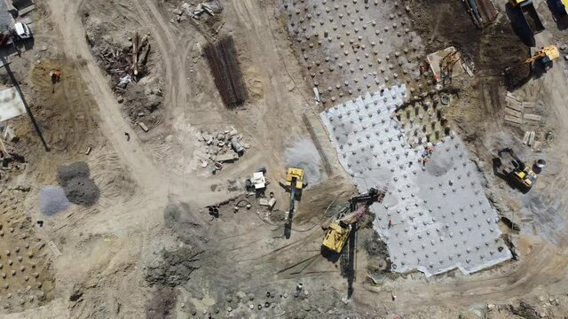 Housing development building site and road infrastructure aerial filming