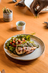 Perfect Delicious Dish Menu Steak Tuna Fish Bacon Risotto Chicken Salad Chef Made Detail Food Gourmet On a Wooden Table