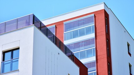 Modern apartment building in sunny day. Exterior, residential house facade.