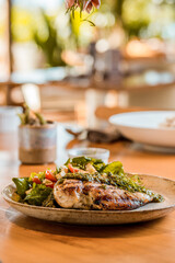 Perfect Delicious Dish Menu Steak Tuna Fish Bacon Risotto Chicken Salad Chef Made Detail Food Gourmet On a Wooden Table