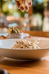 Perfect Delicious Dish Menu Steak Tuna Fish Bacon Risotto Chicken Salad Chef Made Detail Food Gourmet On a Wooden Table