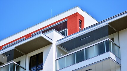 Modern apartment building in sunny day. Exterior, residential house facade.
