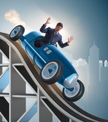 Businessman driving sports car on roller coaster