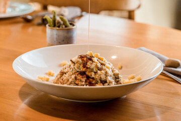 Perfect Delicious Dish Menu Steak Tuna Fish Bacon Risotto Chicken Salad Chef Made Detail Food Gourmet On a Wooden Table