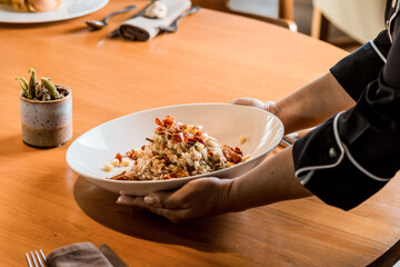 Perfect Delicious Dish Menu Steak Tuna Fish Bacon Risotto Chicken Salad Chef Made Detail Food Gourmet On a Wooden Table
