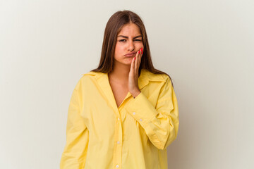 Young caucasian woman isolated on white background showing claws imitating a cat, aggressive gesture.