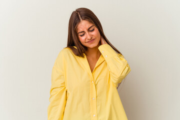 Young caucasian woman isolated on white background pointing to different copy spaces, choosing one of them, showing with finger.