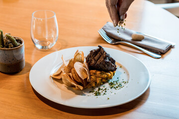 Perfect Delicious Dish Menu Steak Tuna Fish Bacon Risotto Chicken Salad Chef Made Detail Food Gourmet On a Wooden Table