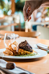 Perfect Delicious Dish Menu Steak Tuna Fish Bacon Risotto Chicken Salad Chef Made Detail Food Gourmet On a Wooden Table