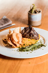 Perfect Delicious Dish Menu Steak Tuna Fish Bacon Risotto Chicken Salad Chef Made Detail Food Gourmet On a Wooden Table