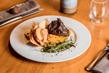 Perfect Delicious Dish Menu Steak Tuna Fish Bacon Risotto Chicken Salad Chef Made Detail Food Gourmet On a Wooden Table