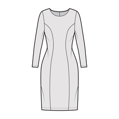 Dress princess line technical fashion illustration with long sleeve, fitted body, knee length pencil skirt. Flat apparel front, grey color style. Women, men unisex CAD mockup