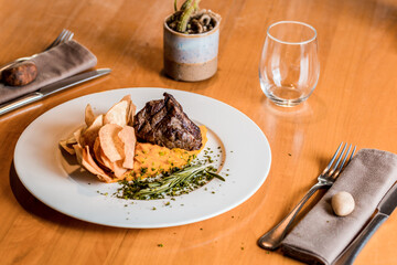 Perfect Delicious Dish Menu Steak Tuna Fish Bacon Risotto Chicken Salad Chef Made Detail Food Gourmet On a Wooden Table