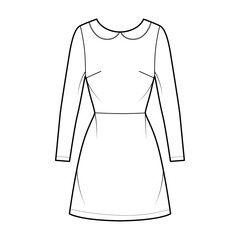 Dress A-line technical fashion illustration with long sleeves, peter pan collar, fitted body, above-the-knee length skirt. Flat apparel front, white color style. Women, men unisex CAD mockup