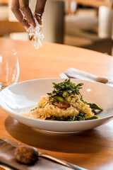 Perfect Delicious Dish Menu Steak Tuna Fish Bacon Risotto Chicken Salad Chef Made Detail Food Gourmet On a Wooden Table