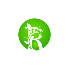Letter R Health SPA Logo. Green Floral Alphabet Logo with Leaves. Usable for Business, Fashion, Cosmetics, Spa, Science, Healthcare, Medical and Nature Logos.