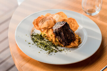 Perfect Delicious Dish Menu Steak Tuna Fish Bacon Risotto Chicken Salad Chef Made Detail Food Gourmet On a Wooden Table