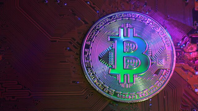 Golden bitcoin coin on server computer motherboard It is the currency that is exchanged and popular today in every country in the world. Concept business technology. Copy spece background