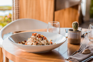 Perfect Delicious Dish Menu Steak Tuna Fish Bacon Risotto Chicken Salad Chef Made Detail Food Gourmet On a Wooden Table