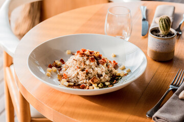 Perfect Delicious Dish Menu Steak Tuna Fish Bacon Risotto Chicken Salad Chef Made Detail Food Gourmet On a Wooden Table