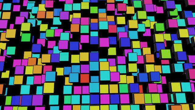 3d render. Abstract dark background of cubes on plane and neon lights. Grid of cubes like neon bulbs. Cyberpunk neon style bg