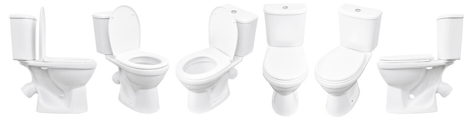 Toilet on white background. Close up of toilet. White toilet bowl isolated. Set of toilet bowls. - 440655753