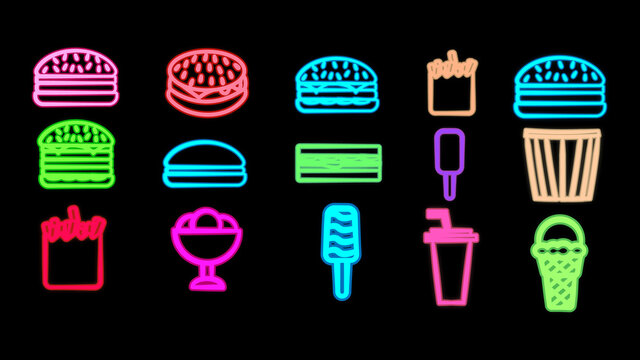 Neon bright glowing multicolored set of 15 icons of delicious food and snacks items for restaurant bar cafe: burgers, fries, ice cream, soda
