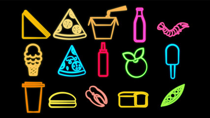 Neon bright glowing multicolored set of 15 icons of delicious food and snacks items for restaurant bar cafe: sandwich, soda, pizza, noodles, shrimp, berry, bread