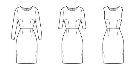 Set of Dresses sheath technical fashion illustration with natural waistline, long elbow short sleeves sleeveless, fitted, knee length pencil skirt. Flat apparel front, white color. Women, unisex CAD