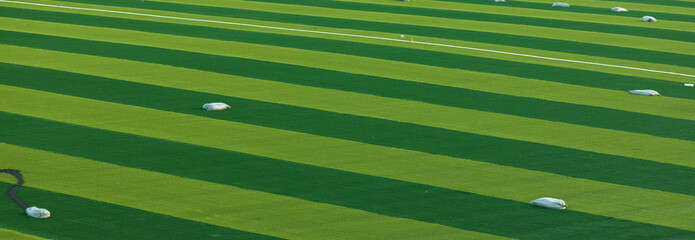 Close-up. Repair of a football field, green turf for sports competitions, football games. Background or wallpaper.