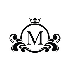  black Letter M template logo Luxury letter with crown. Monogram alphabet . Beautiful royal initials letter.	