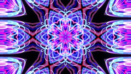 3d render. Abstract bg with pattern of glow blue purple lines. Pattern like flower, star or mandala of glow curved lines. Kaleidoscopic simmetrical structure. Abstract laser show with lines