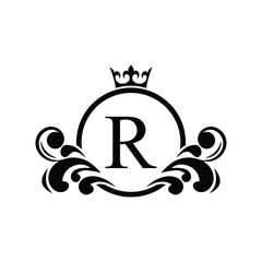 Fototapeta premium black Letter R template logo Luxury letter with crown. Monogram alphabet . Beautiful royal initials letter. 