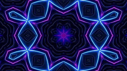 Abstract pattern bg. Flashing lines pattern like ornamental flower, star or mandala on plane like light bulbs or garland of curves lines. Kaleidoscope with neon flash ligts. 3d render