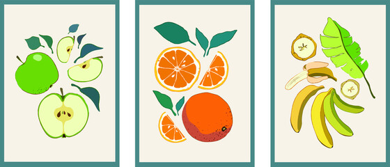 Modern hand-drawn illustration with bananas,oranges,apples for decorative design. Vector illustration design. Vegetarian food. Modern vector illustration. Isolated object.