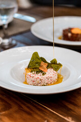 Delicious Tartare Menu Restaurant Eating Toast Oil Steak Tuna Kani Seafood Raw Food