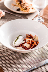 Perfect Delicious Dish Menu Steak Tuna Fish Bacon Risotto Chicken Salad Chef Made Detail Food Gourmet On a Wooden Table