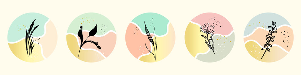 Set of Drawn Doodle Abstract in Circle Shape. Icons with Shapes,  and Wildflowers in trendy style for Social Networks Instagram. Vector illustration isolated