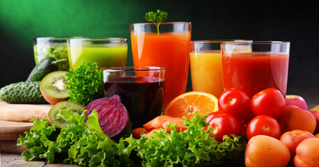 Glasses with fresh organic vegetable and fruit juices