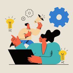 Fototapeta premium Creative online content and promotion, online work, brainstorming and ideas, innovative solutions, business startup concept. Teamwork flat vector illustration design for mobile and web graphics