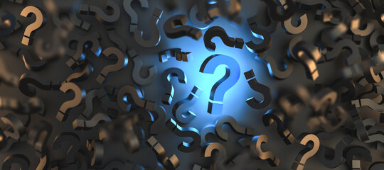Blue glowing question mark on right side with other questions, on dark background, FAQ Concept. 3D Rendering - obrazy, fototapety, plakaty