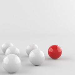 Leadership concept, red leader ball, standing out from the crowd of white balls. 3D Rendering